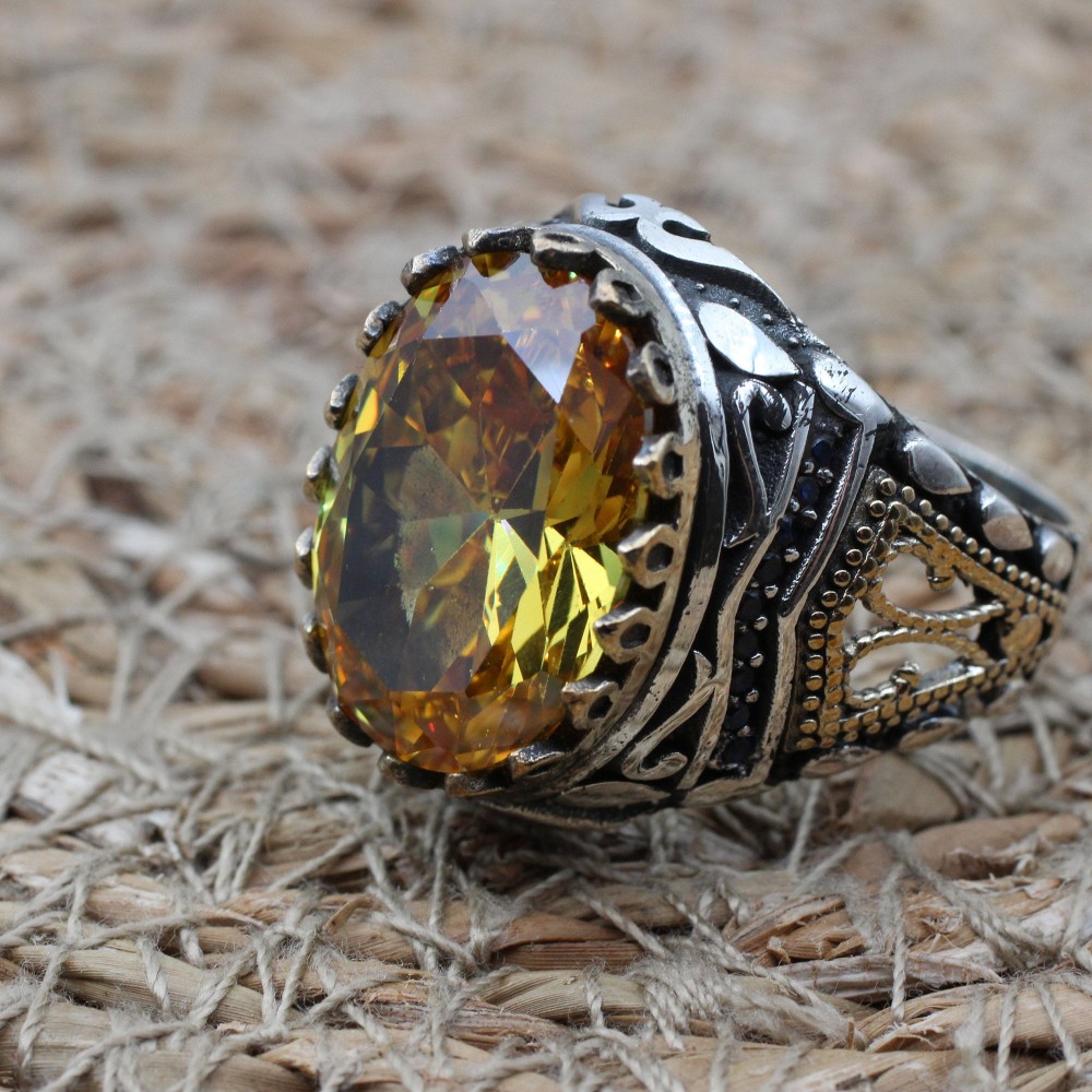 Citrine Men's Ring, Handmade Men's Ring, Turkish Handmade Ring, Ottoman Men's Ring, Men's Jewelry, Gift for Him, 925k Sterling Silver Ring