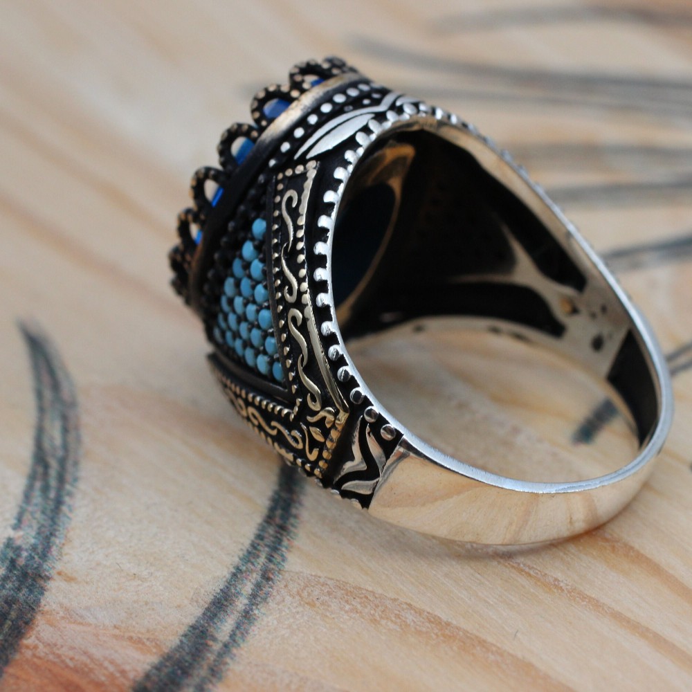 Aquamarine Ring, Mens Handmade Ring, Turkish Handmade Silver Men Ring, Ottoman Ring, Men's Jewelry, Gift for Him, 925k Sterling Silver Ring