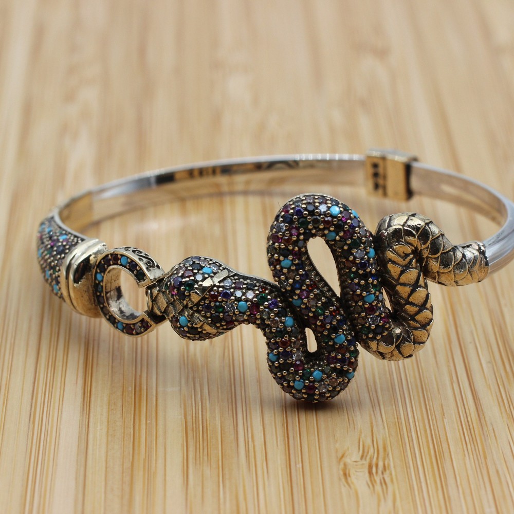Snake Bracelet, Mixed Color Bracelet, Handmade Bracelet, Bangle Cuff, Turkish Handmade, Animal Bracelet, Gift for Her, 925k Sterling Silver,