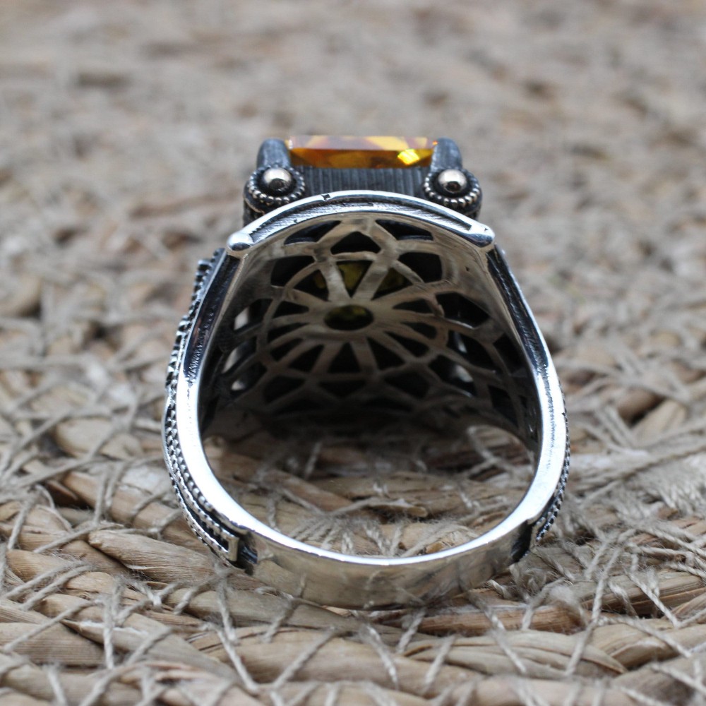 Citrine Men's Ring, Men's Handmade Ring, Turkish Handmade Ring, Ottoman Men's Ring, Men's Jewelry, Gift for Him, 925k Sterling Silver Ring