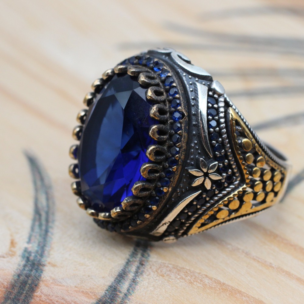 Sapphire Men Ring, Turkish Handmade Silver Men Ring, Mens Handmade Ring, Ottoman Ring, Men Jewelry, Gift for Him, 925k Sterling Silver Ring