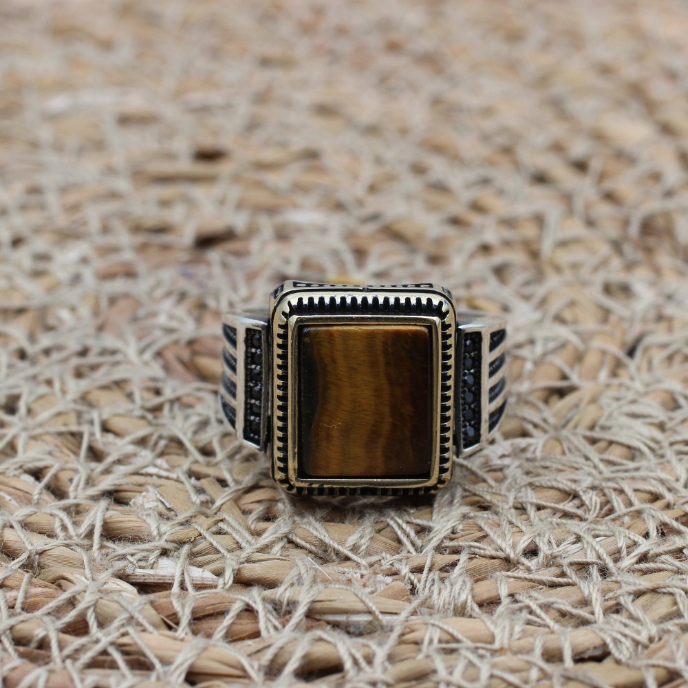 Tiger Eye Men's Ring, Ottoman Men's Ring, Handmade Men's Ring, Turkish Handmade Men's Ring, Men's Jewelry, Gift for Him, 925 Sterling Silver