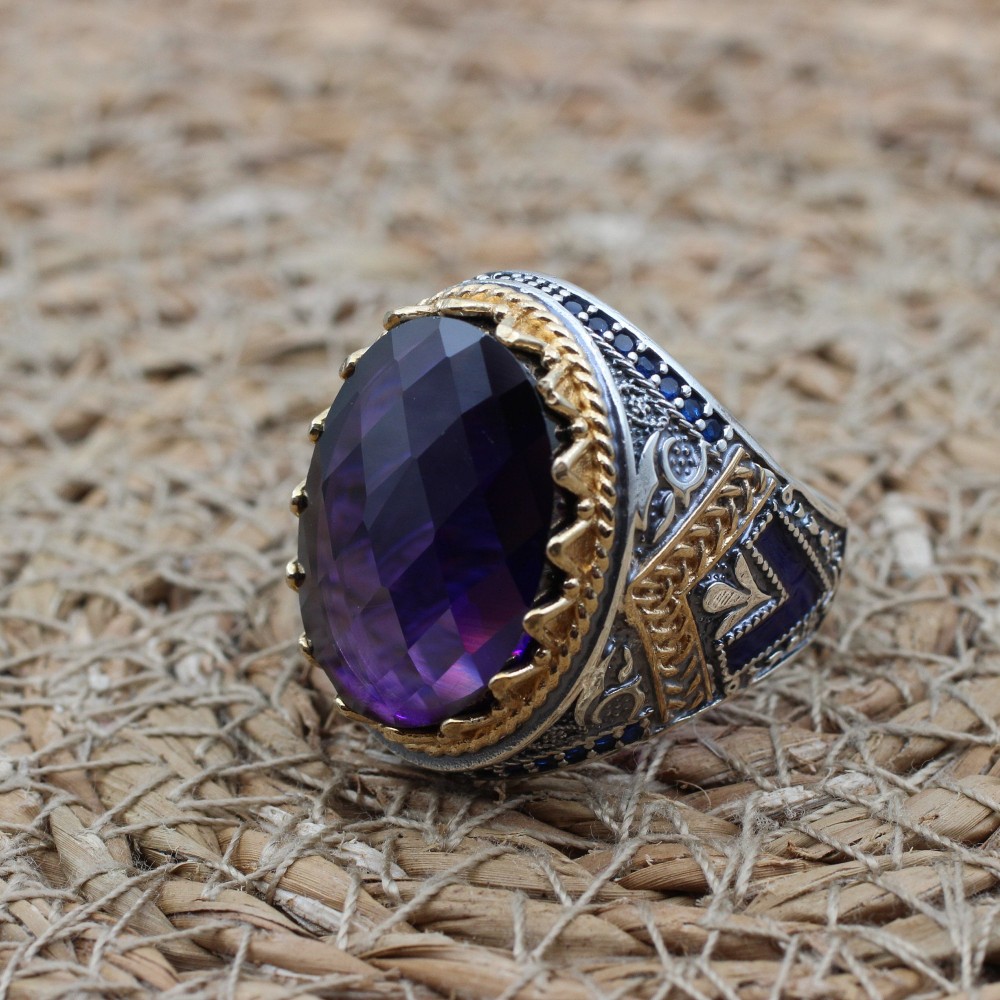 Amethyst Men's Ring, Mens Handmade Ring, Turkish Handmade Silver Men Ring, Ottoman Men Ring, Men Jewelry, Gift for Him, 925k Sterling Silver
