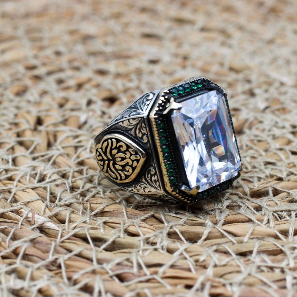 Mens Handmade Ring, Turkish Handmade Silver Men Ring, Ottoman Men Ring, Zircon Ring, Men's Jewelry, Gift for Him, 925k Sterling Silver Ring