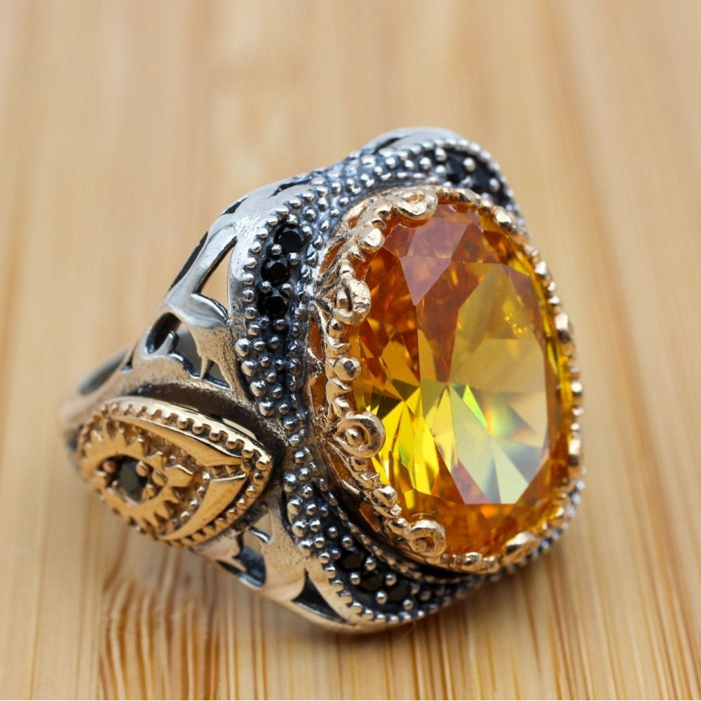 Citrine Men's Ring, Handmade Ring, Turkish Handmade, Ottoman Men's Ring, Men's Ring, Men's Jewelry, Gift for Him, 925 Sterling Silver Ring