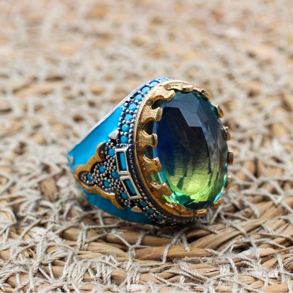 Men's Handmade Ring, Turkish Handmade Ring, Ottoman  Men's Ring, Tourmaline Men's Ring, Men's Jewelry, Gift for Him, 925k Sterling Silver