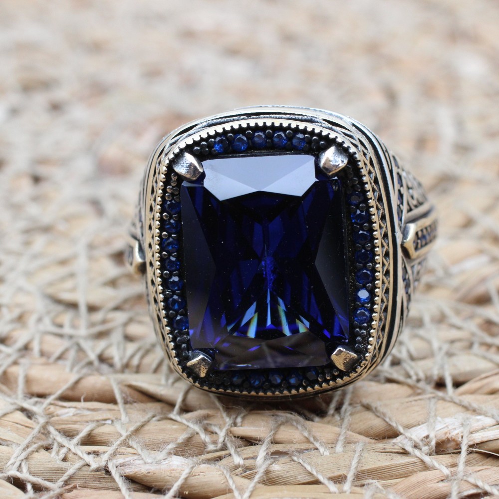 Turkish Handmade Silver Men Ring, Mens Handmade Ring, Ottoman Ring, Sapphire Ring, Men's Jewelry, Gift for Him, 925k Sterling Silver Ring