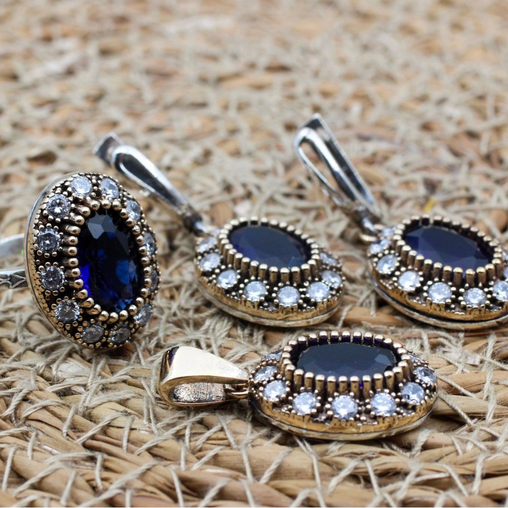 Sapphire Set, Authentic Set, Handmade Set Women, Turkish Handmade, Ladies Jewelry Set, Earring, Pendant, Ladies Set, 925k Sterling Silver