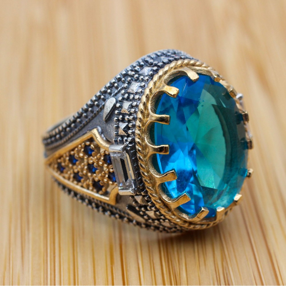 Turkish Handmade Silver Men's Ring, Men's Handmade Ring, Yemeni Ring, Aquamarine Ring, Ottoman Ring, Gift for Him, 925k Sterling Silver,