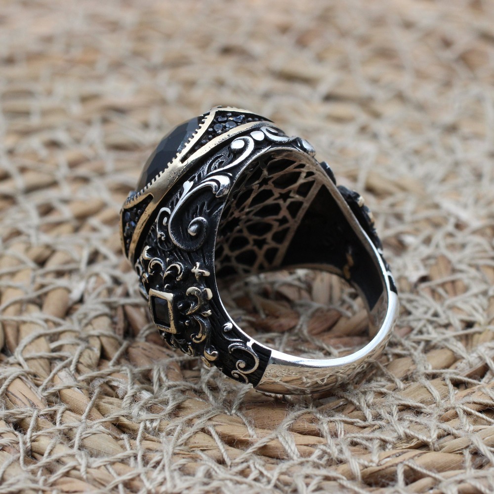 Turkish Handmade Silver Men's Ring, Men's Handmade Ring, Yemeni Men's Ring, Onyx Ring, Ottoman Ring, Gift for Him, 925k Sterling Silver,