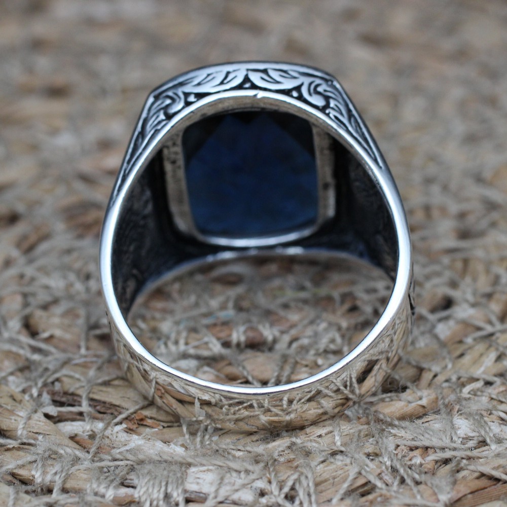 Turkish Handmade Silver Men Ring, Mens Handmade Ring, Ottoman Ring, Sapphire Ring, Men's Jewelry, Gift for Him, 925k Sterling Silver Ring