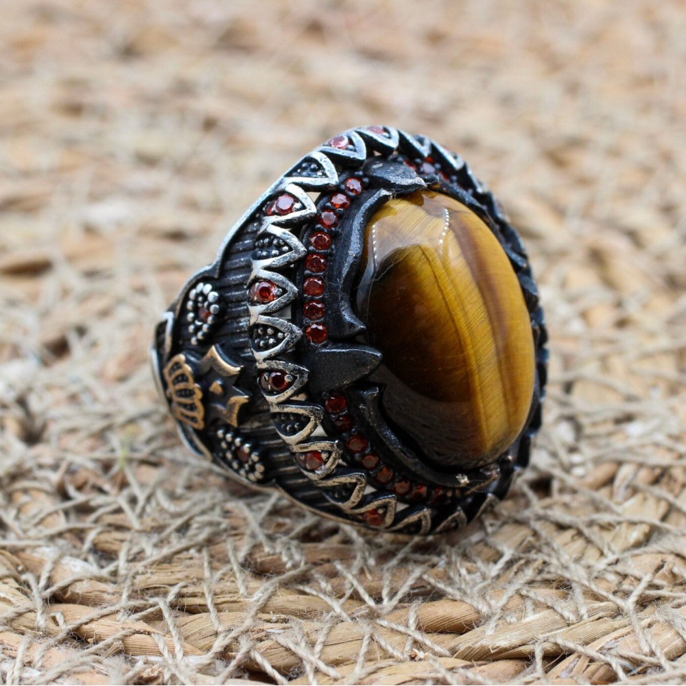 Tiger Eye Men's Ring, Ottoman Men's Ring, Handmade Men's Ring, Turkish Handmade Men's Ring, Men's Jewelry, Gift for Him, 925 Sterling Silver