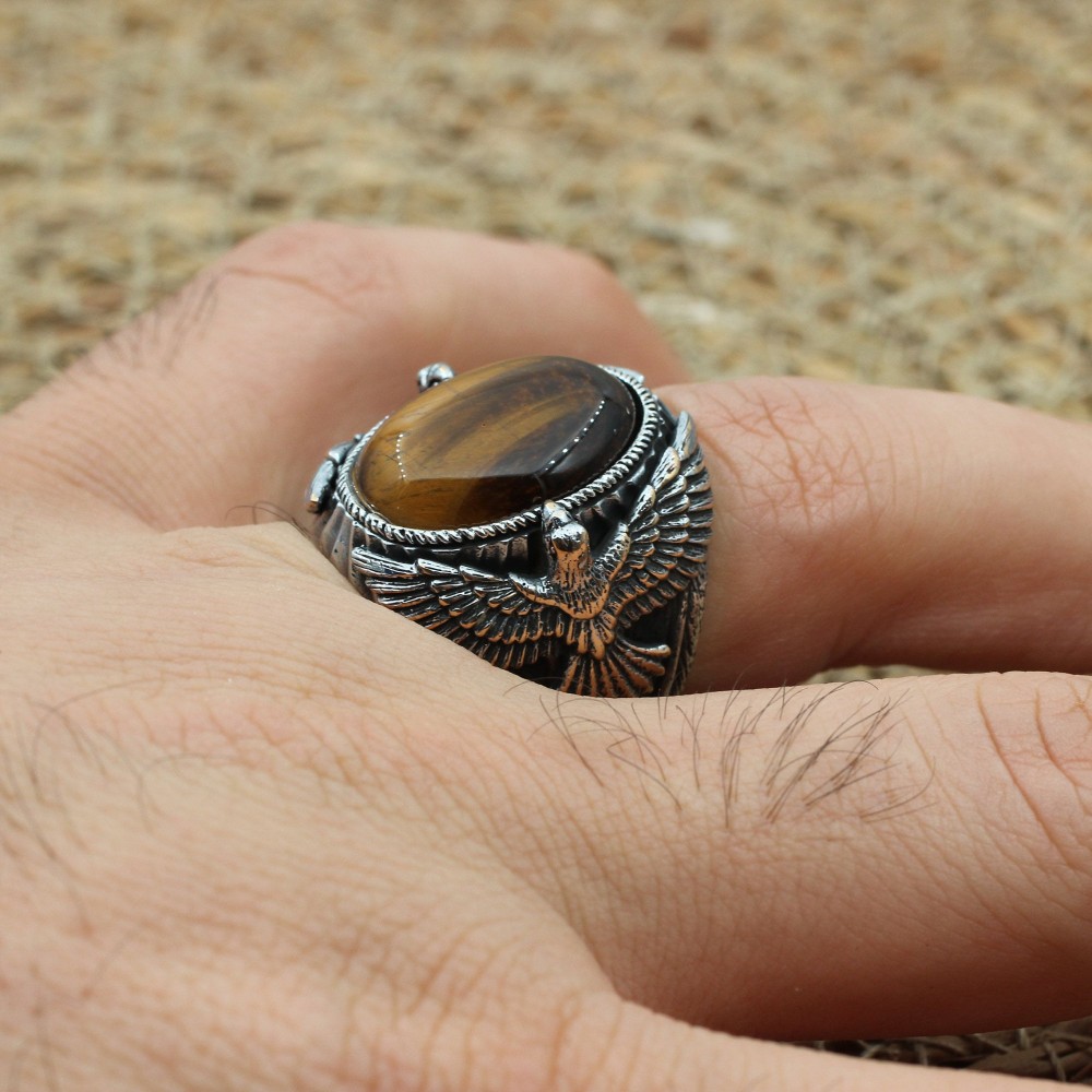 Tiger Eye Men's Ring, Ottoman Men's Ring, Handmade Men's Ring, Turkish Handmade Eagle Ring, Men's Jewelry, Gift for Him, 925 Sterling Silver