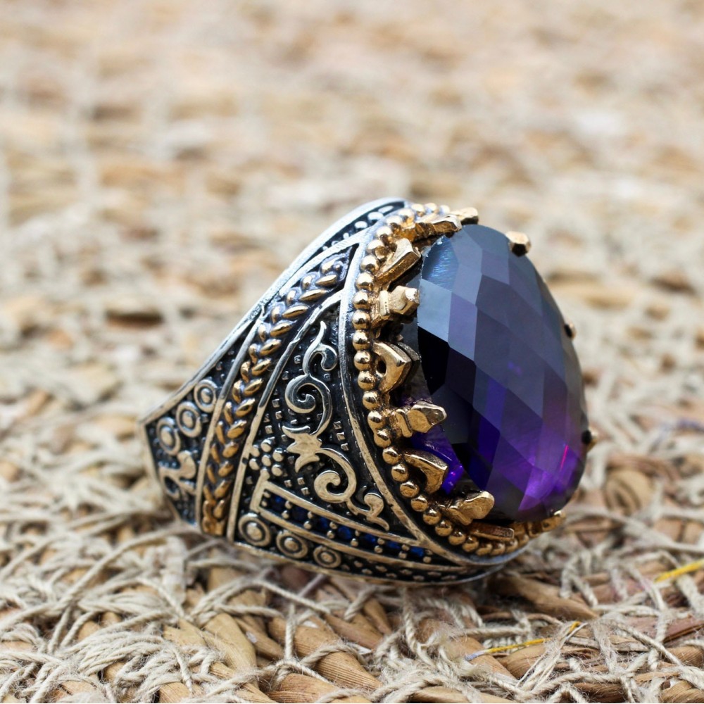 Amethyst Men's Ring, Mens Handmade Ring, Turkish Handmade Silver Men Ring, Ottoman Men Ring, Men Jewelry, Gift for Him, 925k Sterling Silver