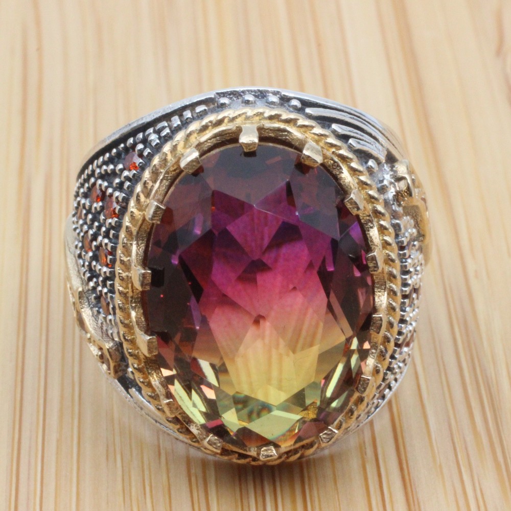 Men's Handmade Ring, Turkish Handmade Men's Ring, Ottoman Men's Ring, Tourmaline Men's Ring, Mens Ring, Gift for Him, 925k Sterling Silver