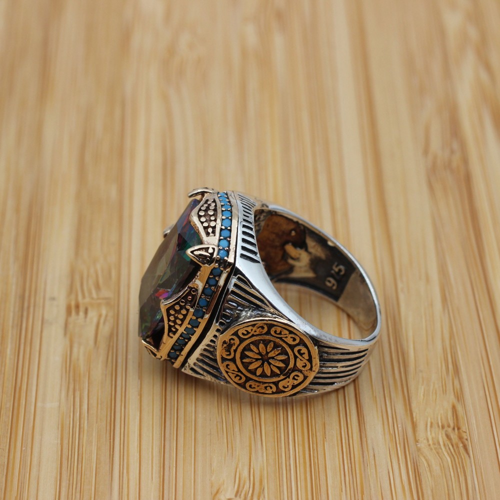 Mystic Topaz Ring, Handmade Ring, Turkish Handmade Silver Men Ring, Mystic Topaz Ring, Men's Jewelry, Gift for Him, 925k Sterling Silver Mystic Topaz Ring, Handmade Ring, Turkish Handmade Silver Men Ring, Mystic Topaz Ring, Men's Jewelry, Gift for Him, 925k Sterling Silver