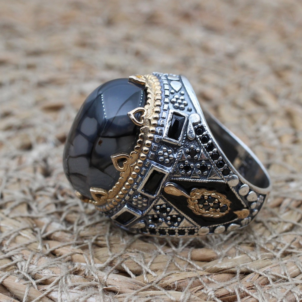 Agate Men's Ring, Handmade Men's Ring, Turkish Handmade Silver Ring, Ottoman Mens Ring, Mens Jewelry, Gift for Him, 925 Sterling Silver Ring