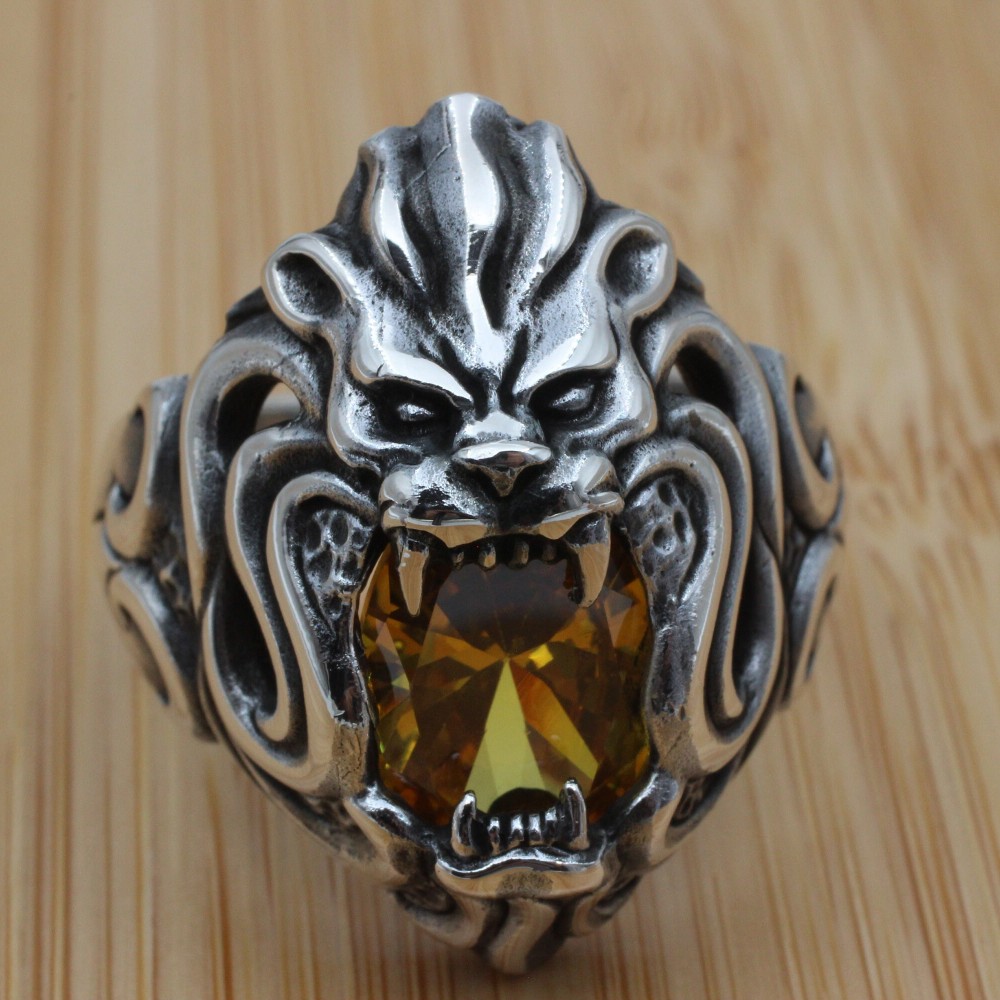 Lion Men Ring, Citrine Mens Ring, Turkish Handmade Sterling Silver Ring, Silver Lion Ring, Animal Wrap Ring, Lion Ring, 925K Sterling Silver