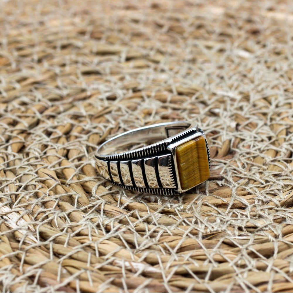 Tiger Eye Men's Ring, Ottoman Men's Ring, Handmade Men's Ring, Turkish Handmade Men's Ring, Men's Jewelry, Gift for Him, 925 Sterling Silver