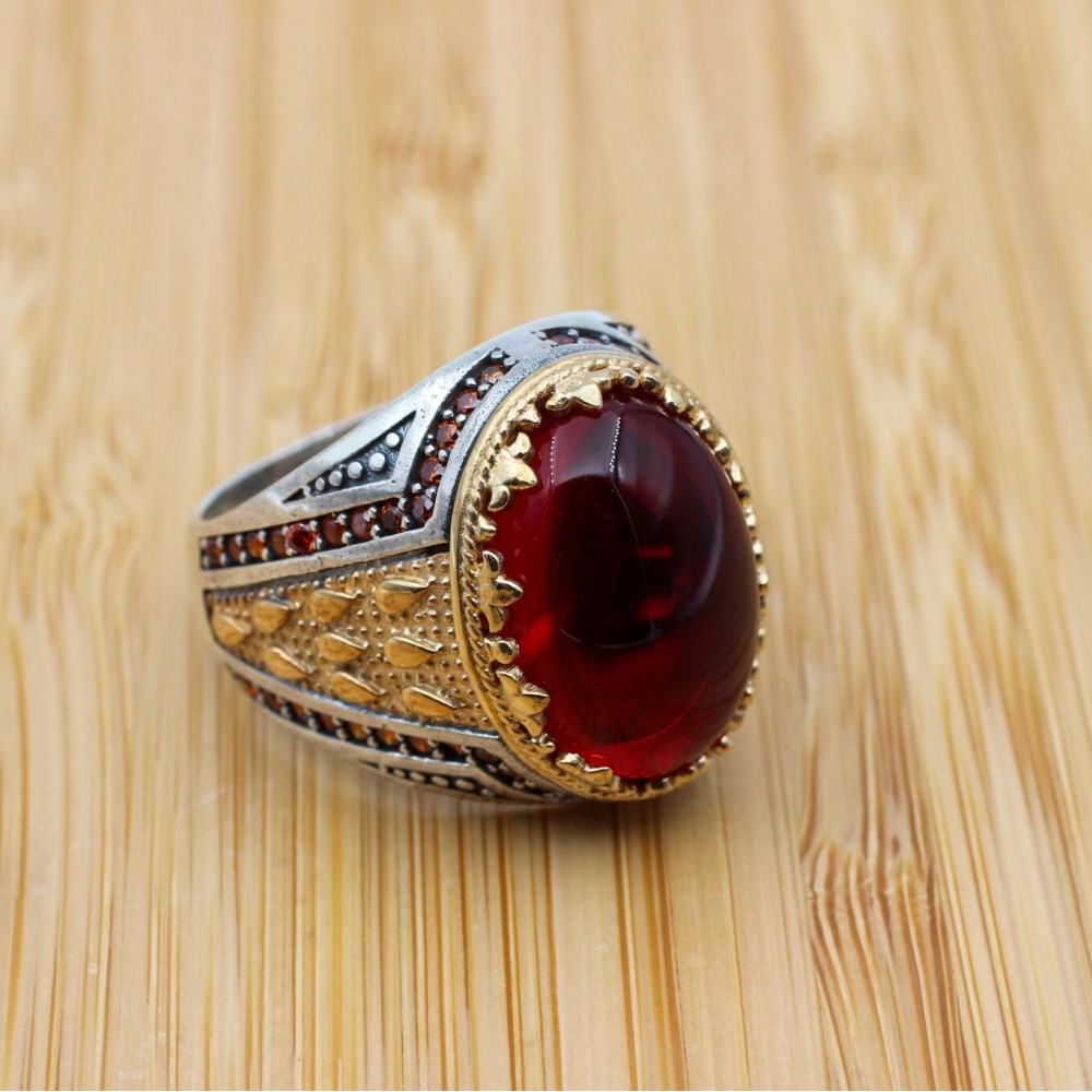 Ruby Men's Ring, Men's Handmade Ring, Turkish Handmade Silver Mens Ring, Ottoman Mens Ring, Mens Jewelry, Gift for Him, 925k Sterling Silver