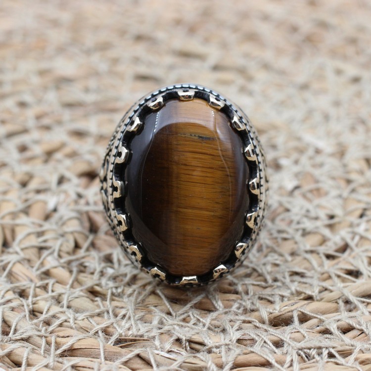 Tiger Eye Men's Ring, Ottoman Men's Ring, Handmade Men's Ring, Turkish Handmade Men's Ring, Men's Jewelry, Gift for Him, 925 Sterling Silver