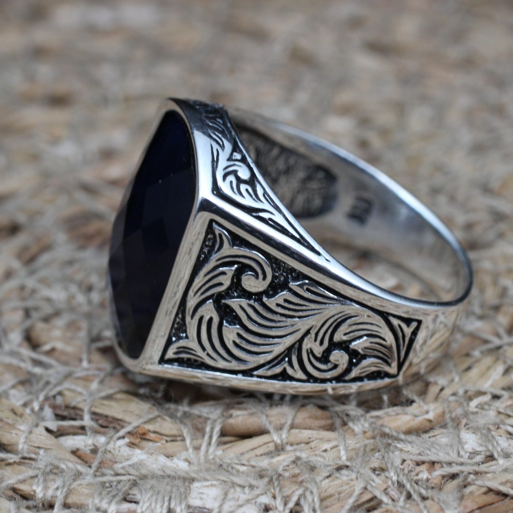Turkish Handmade Silver Men Ring, Mens Handmade Ring, Ottoman Ring, Sapphire Ring, Men's Jewelry, Gift for Him, 925k Sterling Silver Ring