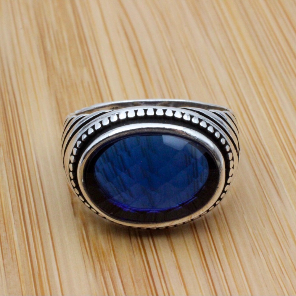Turkish Ring, Men's Handmade Ring, Ottoman Ring, Cubic Zirconia, Sapphire Men's Ring, Men's Jewelry, Gift for Him, 925k Sterling Silver Ring
