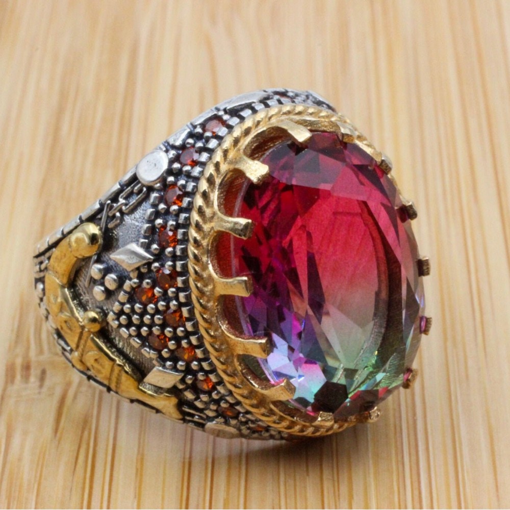 Men's Handmade Ring, Turkish Handmade Men's Ring, Ottoman Men's Ring, Tourmaline Men's Ring, Mens Ring, Gift for Him, 925k Sterling Silver