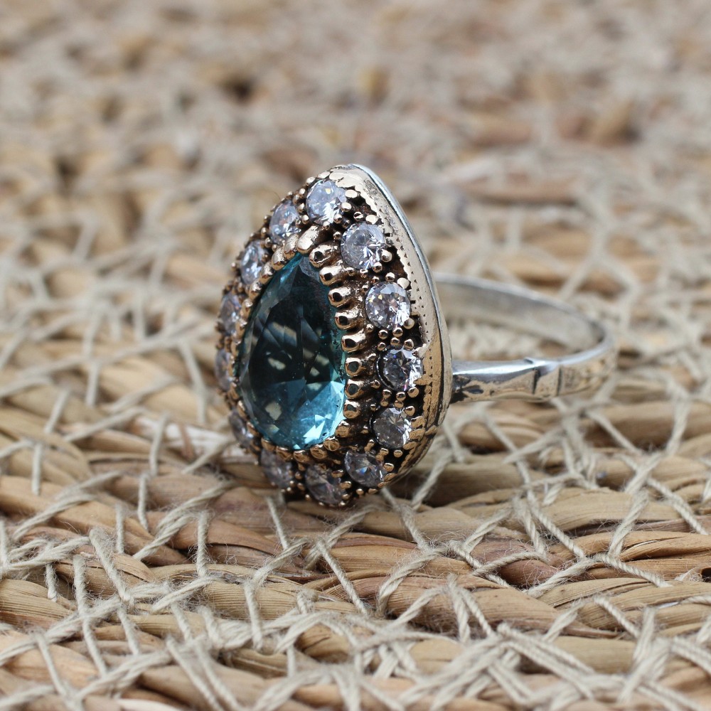 Aquamarine Ring, Handmade Women Ring, Turkish Handmade Silver Ladies Ring, Ottoman Ring, Ladies Ring, 925k Sterling Silver, Zircon Ring