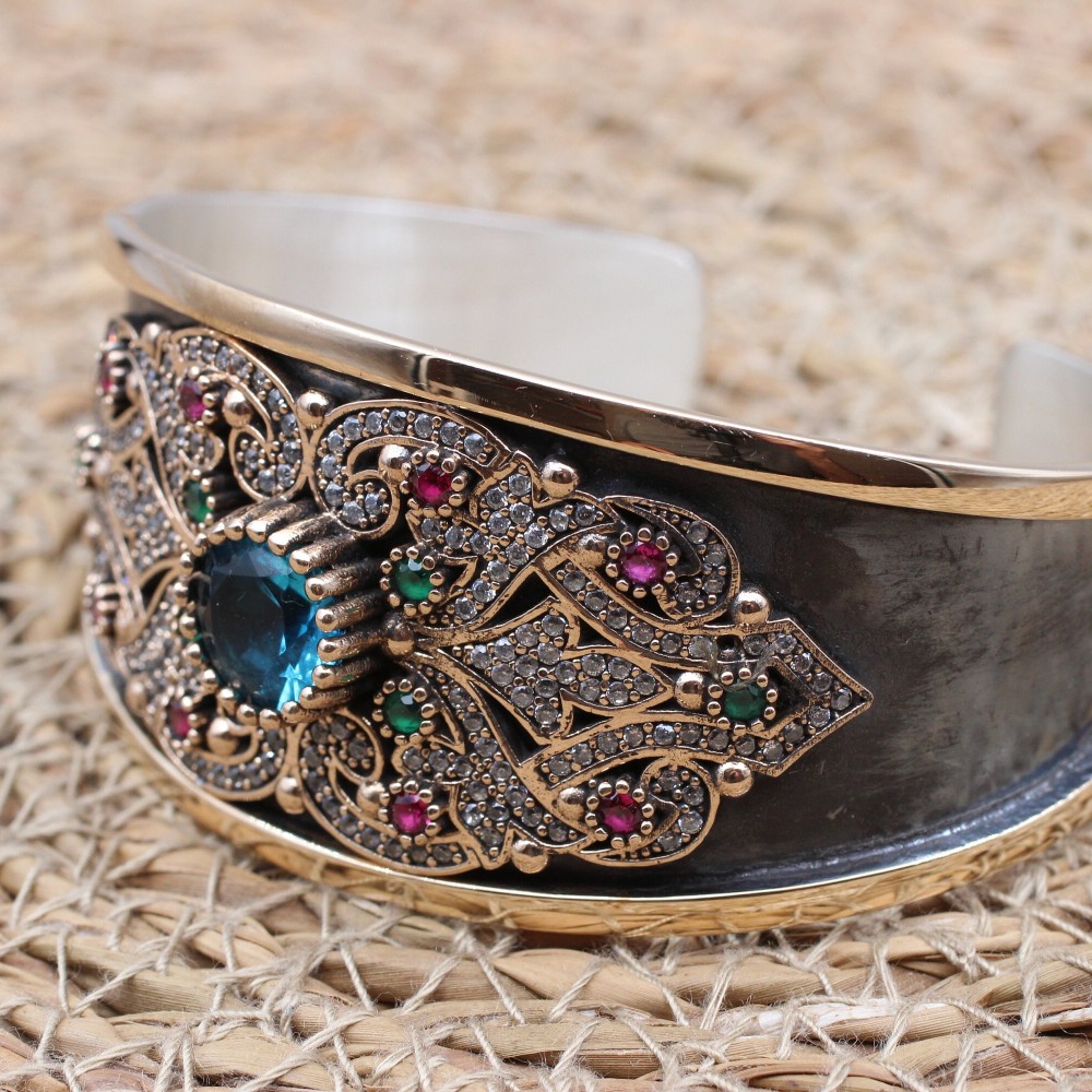 Aquamarine Bracelet, Ottoman Bracelet, Handmade Bracelet, Bangle Cuff, Turkish Handmade, Bangle Bracelet, Gift for Her, 925k Sterling Silver