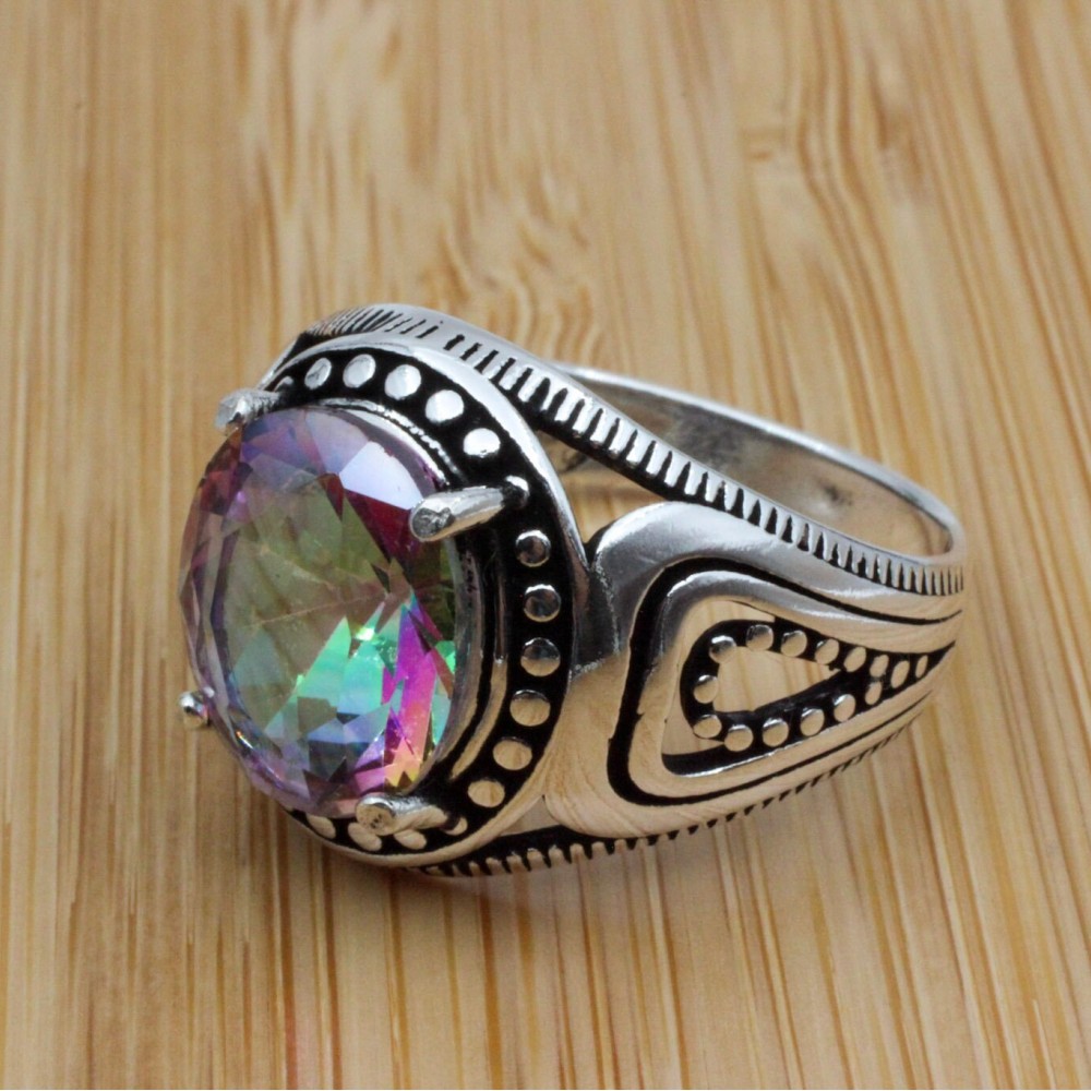 Mystic Topaz Ring, Handmade Ring, Turkish Handmade Silver Men Ring, Mystic Topaz Ring, Men's Jewelry, Gift for Him, 925k Sterling Silver
