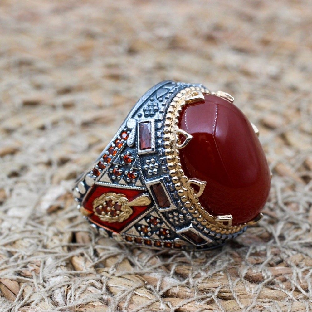 Men's Agate Ring, Handmade Ring, Turkish Handmade Silver Men Ring, Ottoman Men Ring, Men's Jewelry, Gift for Him, 925k Sterling Silver Ring