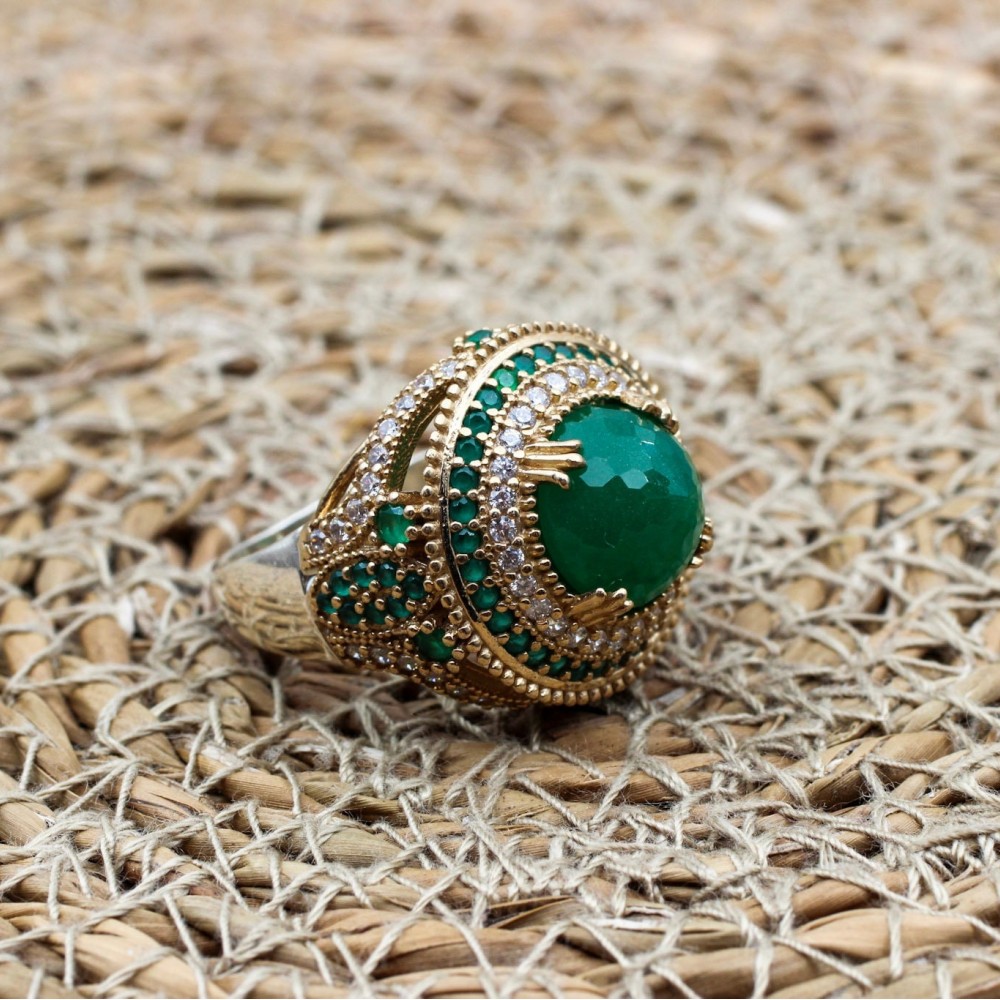 Emerald Ring, Handmade Women's Ring, Turkish Handmade Ring, Authentic Ring, Ottoman Ring, Ladies Ring, 925k Sterling Silver, Round Shape,