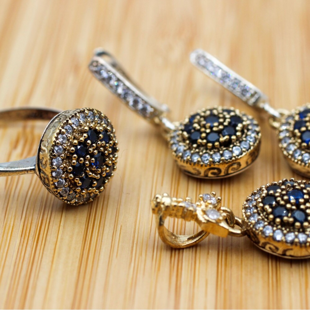 Sapphire Set, Authentic Set, Handmade Set Women, Turkish Handmade, Ladies Jewelry Set, Earring, Pendant, Ladies Set, 925k Sterling Silver