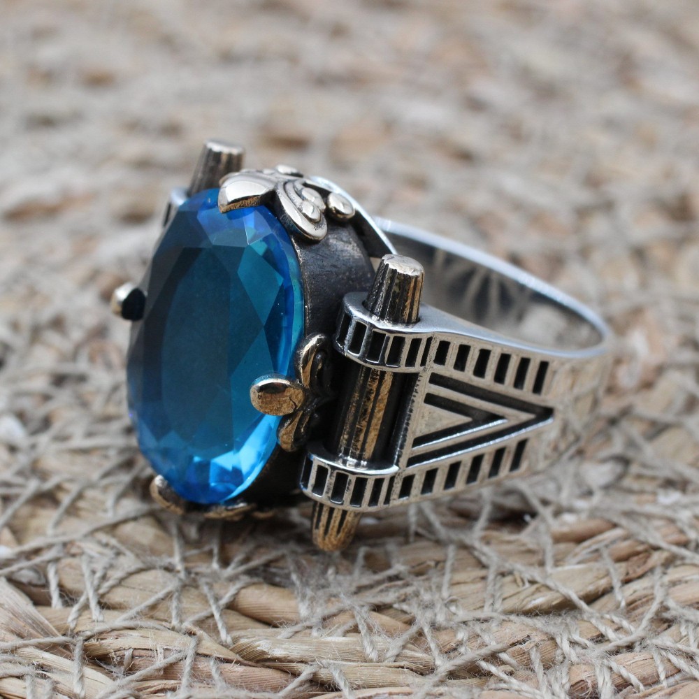 Mens Handmade Ring, Turkish Handmade Silver Men Ring, Ottoman Ring, Aquamarine Ring, Men's Jewelry, Gift for Him, 925k Sterling Silver Ring