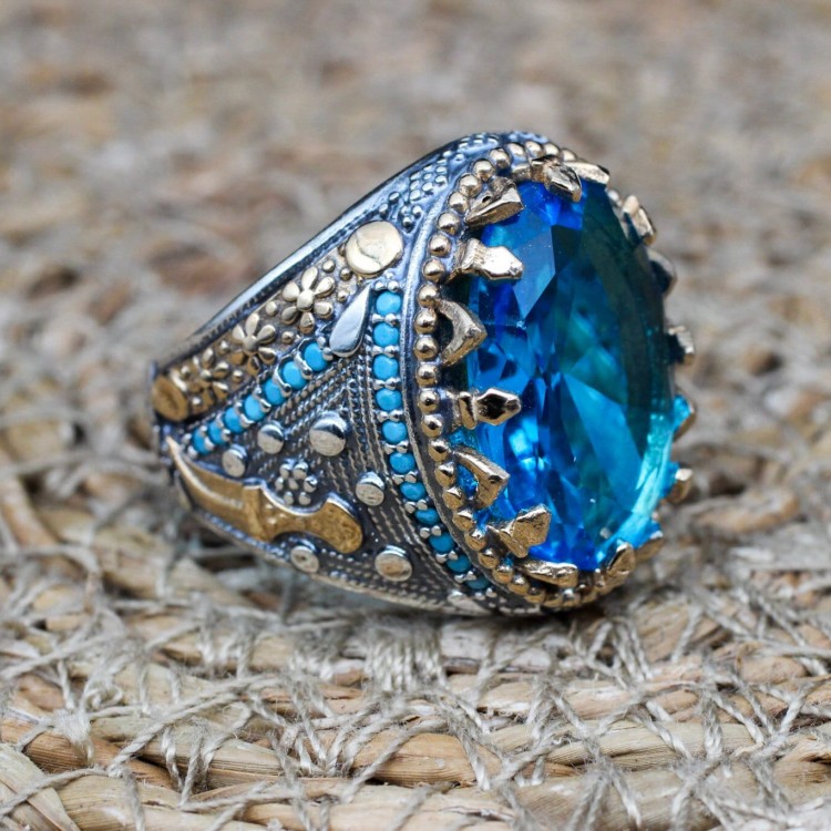 Aquamarine Ring, Mens Handmade Ring, Turkish Handmade Silver Men Ring, Ottoman Ring, Men's Jewelry, Gift for Him, 925k Sterling Silver Ring