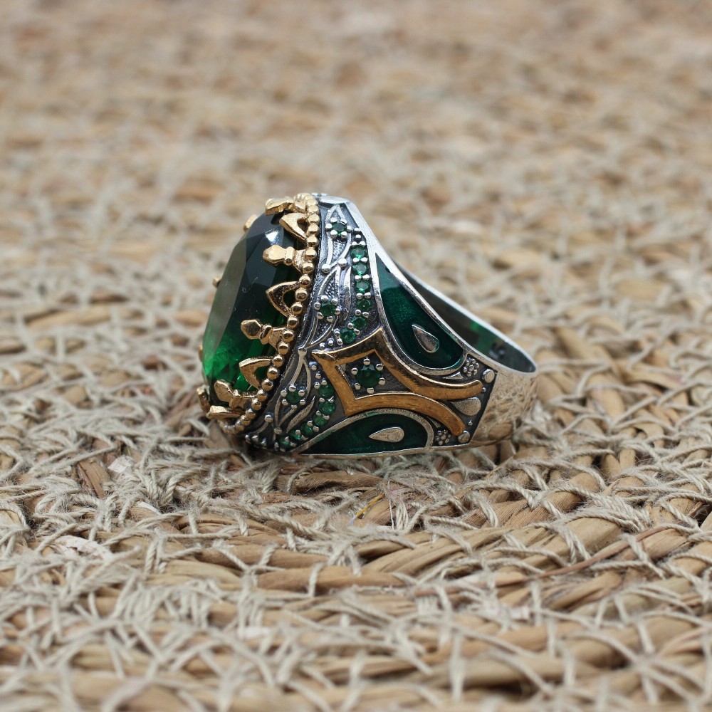 Emerald Men's Ring, Ottoman Men's Ring, Handmade Men's Ring, Turkish Handmade Men's Ring, Men's Jewelry, Gift for Him, 925 Sterling Silver