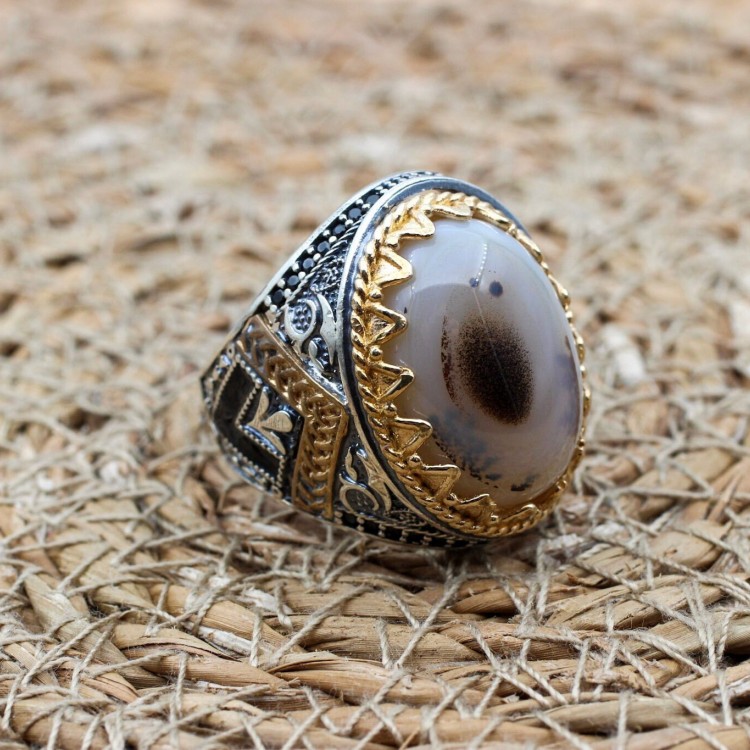 Agate Men's Ring, Handmade Men's Ring, Turkish Handmade Silver Ring, Ottoman Mens Ring, Mens Jewelry, Gift for Him, 925 Sterling Silver Ring