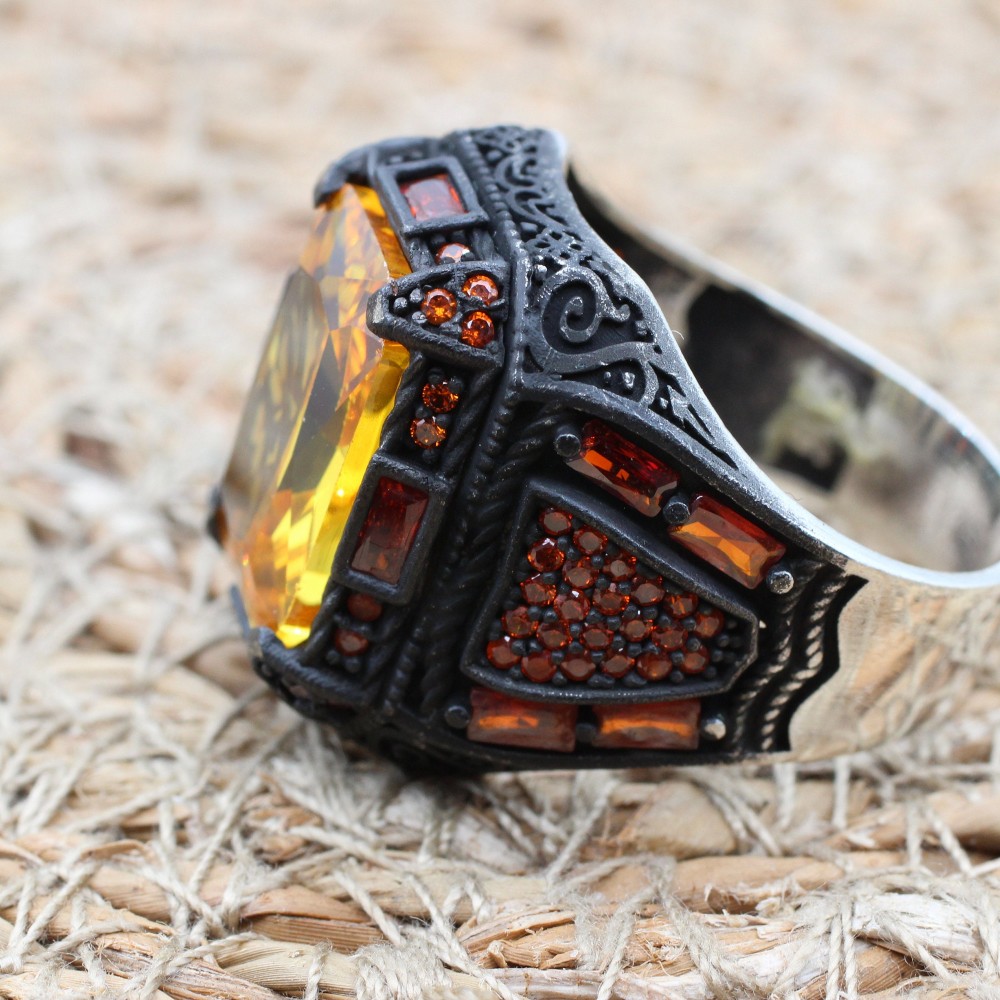 Citrine Men's Ring, Handmade Men's Ring, Turkish Handmade Ring, Ottoman Men's Ring, Men's Jewelry, Gift for Him, 925k Sterling Silver Ring