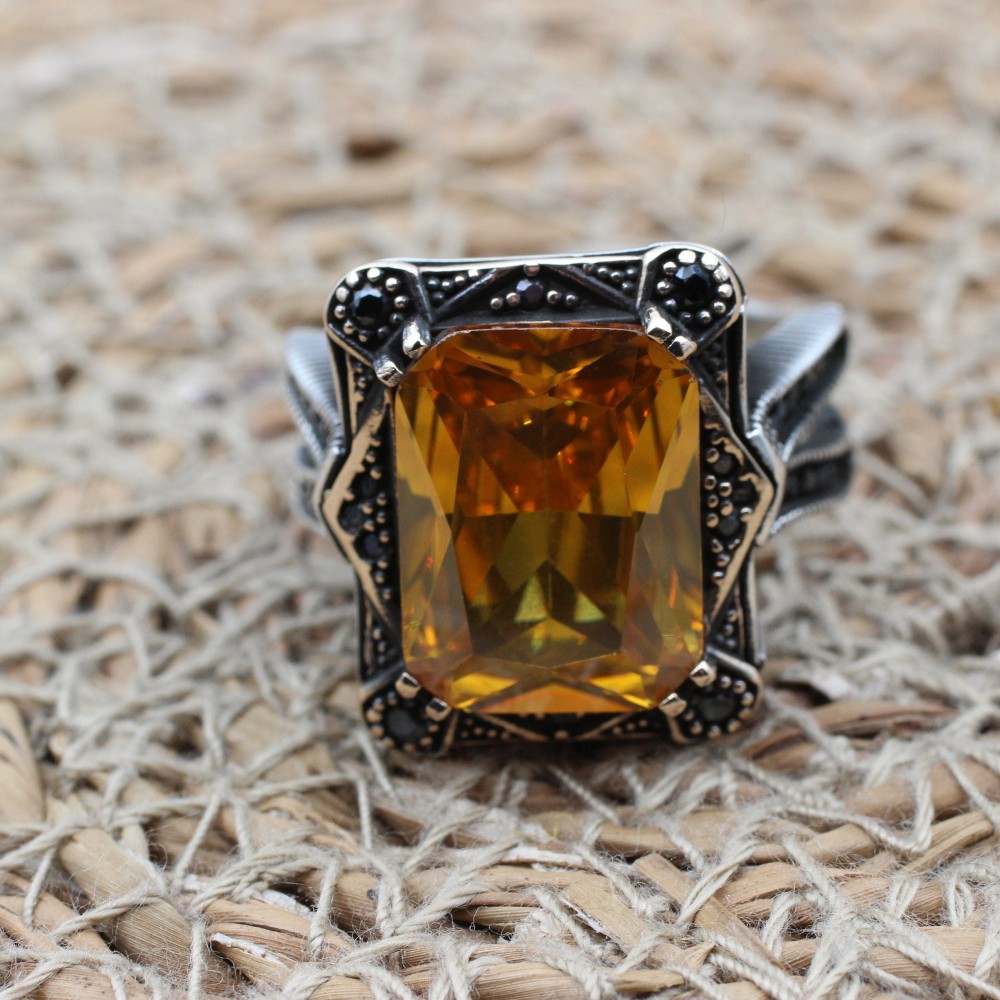 Men's Handmade Ring, Turkish Handmade Ring, Citrine Men's Ring, Ottoman Men's Ring, Men's Jewelry, Gift for Him, 925k Sterling Silver Ring
