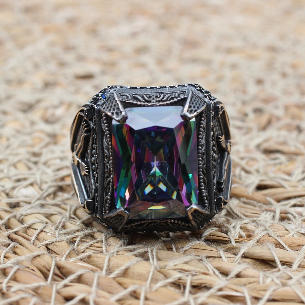 Mystic Topaz Men's Ring, Ottoman Men's Ring, Handmade Mens Ring, Turkish Handmade Mens Ring, Mens Jewelry, Gift for Him, 925 Sterling Silver
