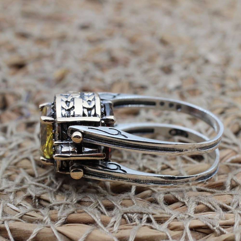 Two Stone Ladies Ring, Citrine Ladies Ring, Tourmaline Ring, Handmade Women Ring, Reversible Ring, Ottoman Women's Ring, 925 Sterling Silver Two Stone Ladies Ring, Citrine Ladies Ring, Tourmaline Ring, Handmade Women Ring, Reversible Ring, Ottoman Women's Ring, 925 Sterling Silver