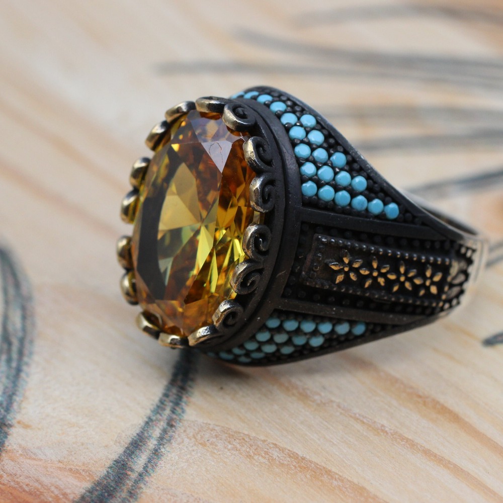 Citrine Men's Ring, Handmade Men's Ring, Turkish Handmade Ring, Ottoman Men's Ring, Men's Jewelry, Gift for Him, 925k Sterling Silver Ring