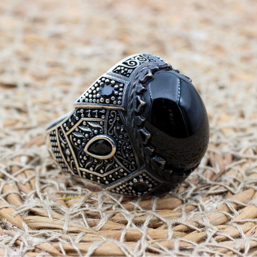 Onyx Ring, Men's Ring, Turkish Handmade Ring, Silver Men's Ring, Ottoman Men's Ring, Men's Jewelry, Gift for Him, 925k Sterling Silver