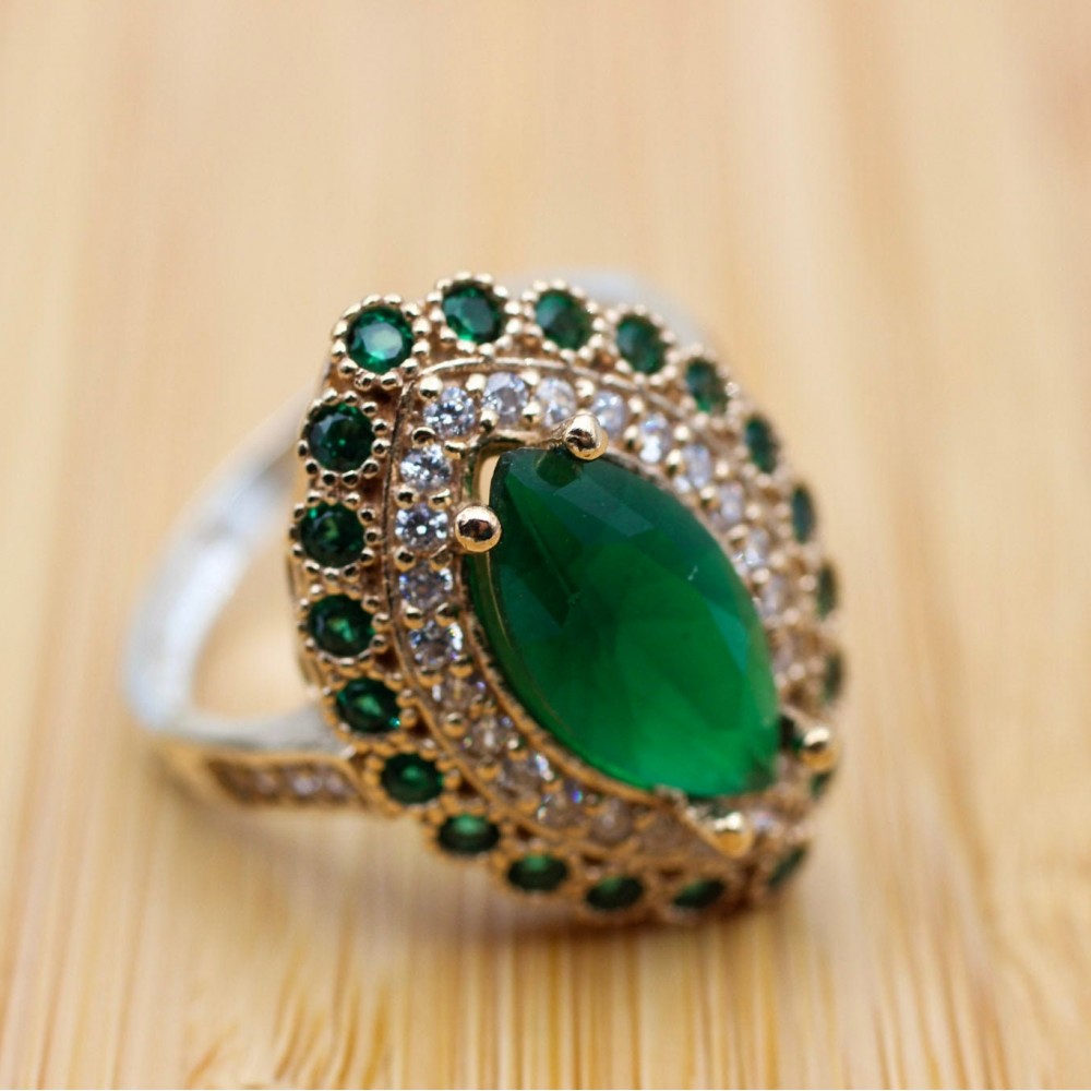 Emerald Ring, Handmade Women's Ring, Turkish Handmade Ring, Authentic Ring, Ottoman Ring, Ladies Ring, 925k Sterling Silver, Cubic Zircon
