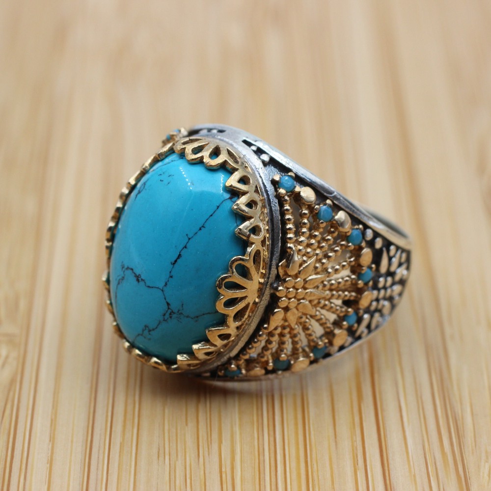Turquoise Men's Ring, Handmade Ring, Turkish Handmade Silver Men Ring, Ottoman Ring, Men's Jewelry, Gift for Him, 925k Sterling Silver Ring