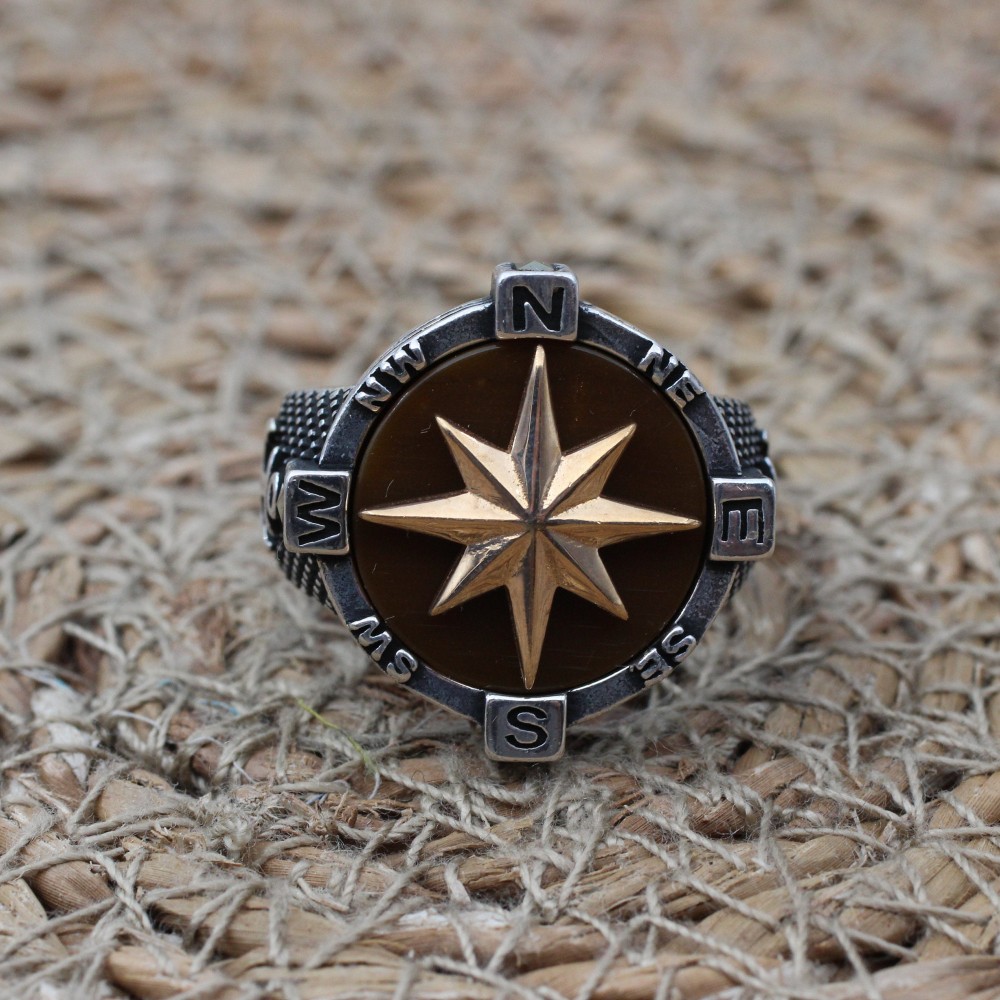 Turkish Handmade Ring, Compass Ring, Handmade Ring, Anchor Ring, Tiger Eye Men Ring, Mens Jewelry, Gift for Him, 925 Sterling Silver Ring