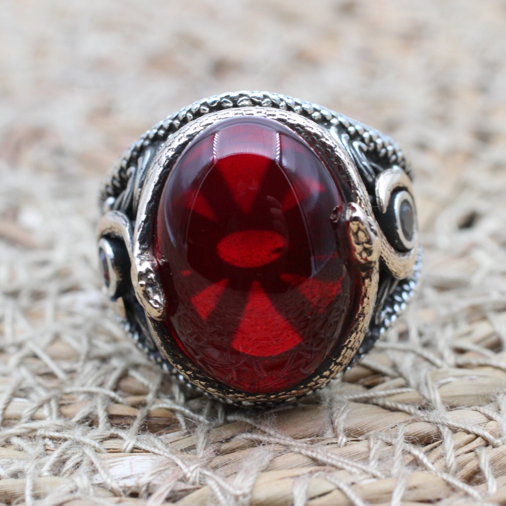 Mens Handmade Ring, Turkish Handmade Silver Men Ring, Ottoman Men Ring, Ruby Ring, Men's Jewelry, Gift for Him, 925k Sterling Silver Ring