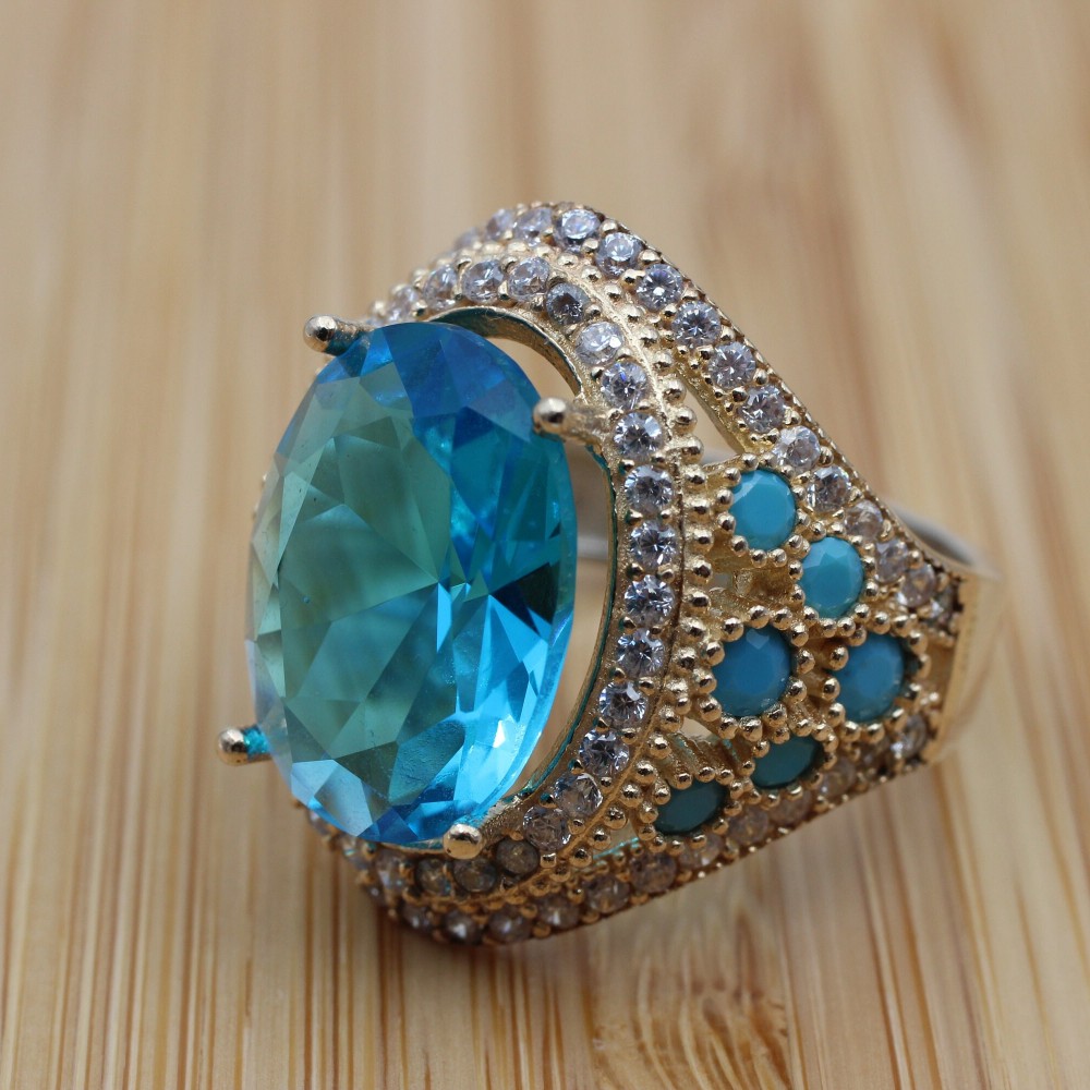 Aquamarine Ring,Ladies Ring, Handmade Women Ring, Turkish Handmade Silver Ladies Ring, Ottoman Ring, 925k Sterling Silver, Cubic Zircon Ring