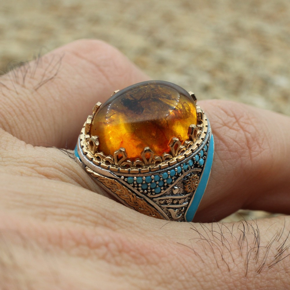 Amber Ring, Men's Handmade Ring, Ottoman Men Ring, Turkish Handmade Silver Men Ring, Yemeni Ring, Gift for Him, 925k Sterling Silver Ring